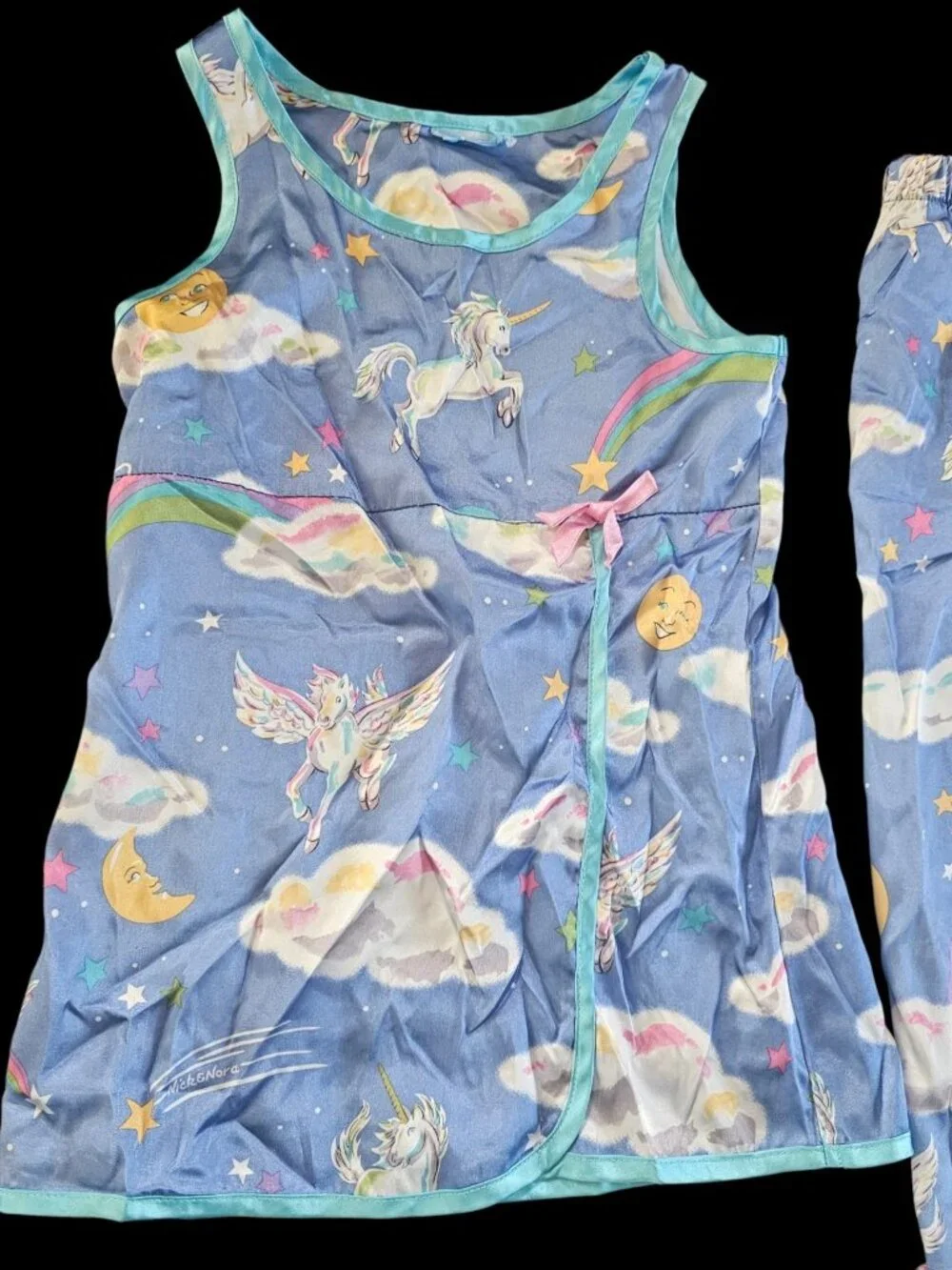 Y2K Nick & Nora Girls Unicorn Pajama Set 2 Piece‎ Sz 4/5 Satin VTG Blue Rainbow